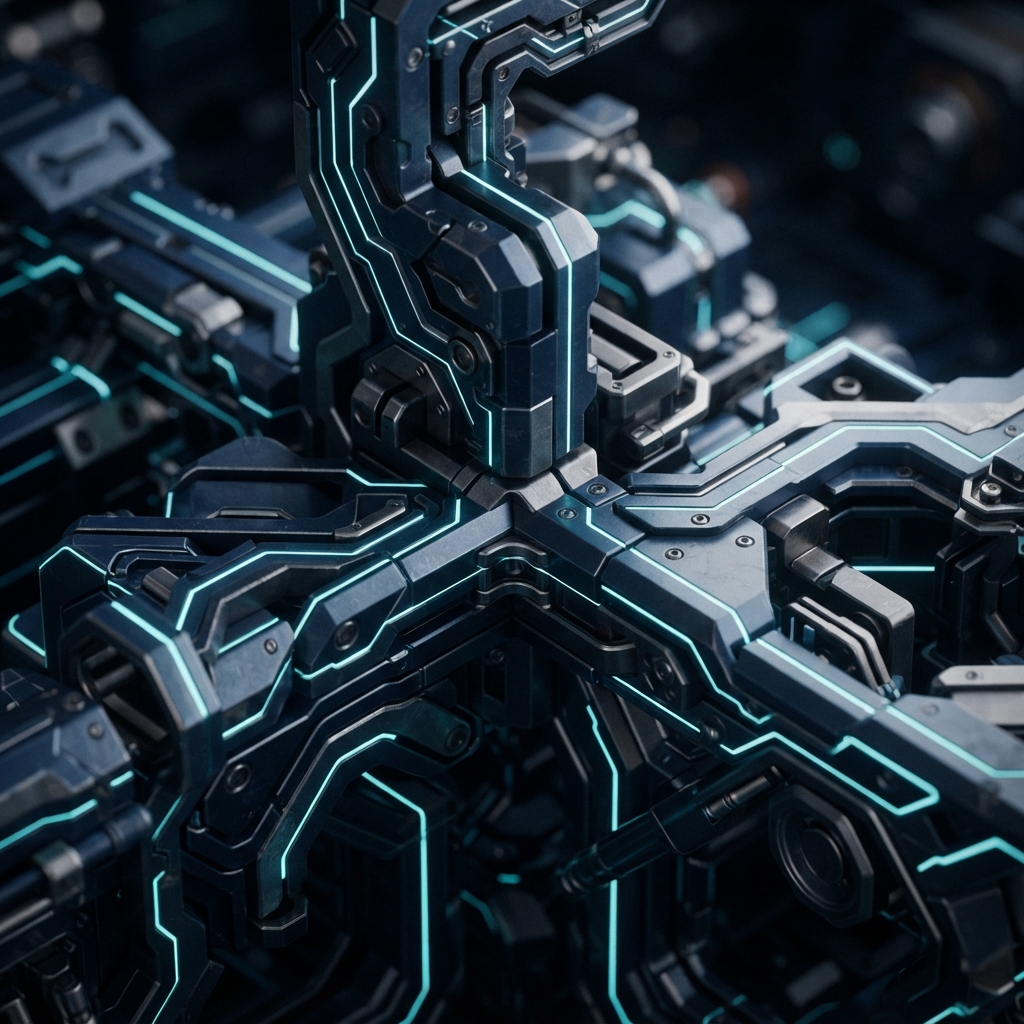 Abstract geometric metal structure with glowing cyan accents