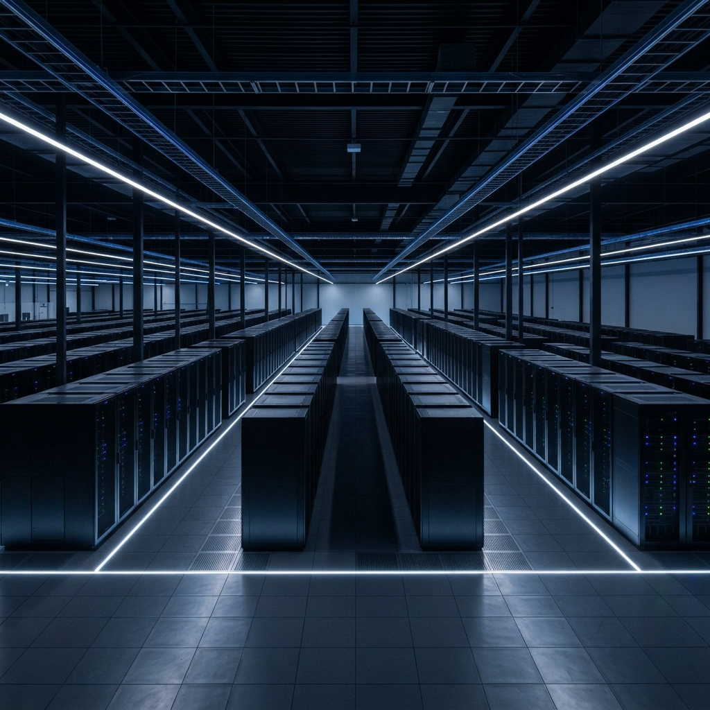 Modern industrial server room with symmetrical rows