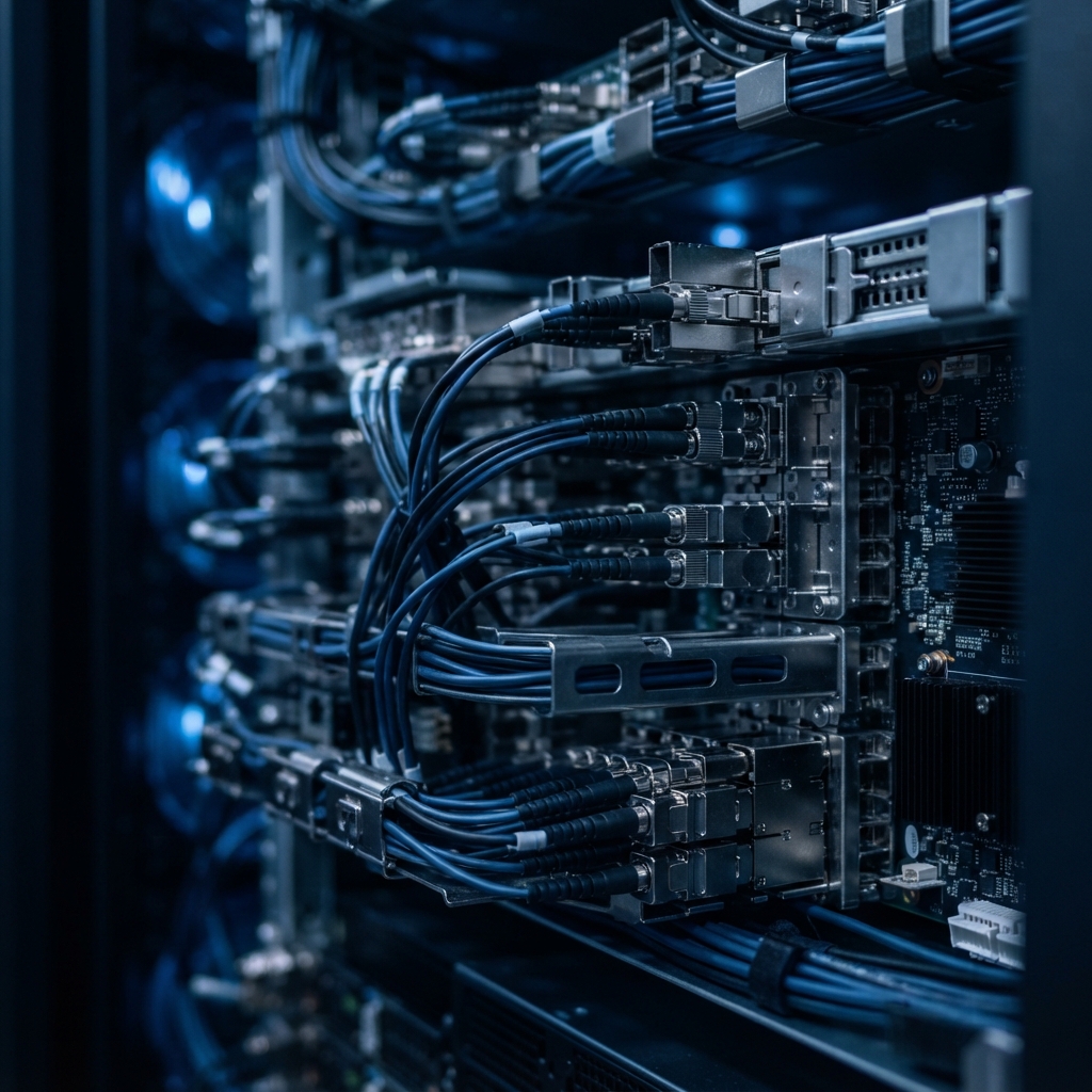 Close up of metallic hardware components with blue lighting