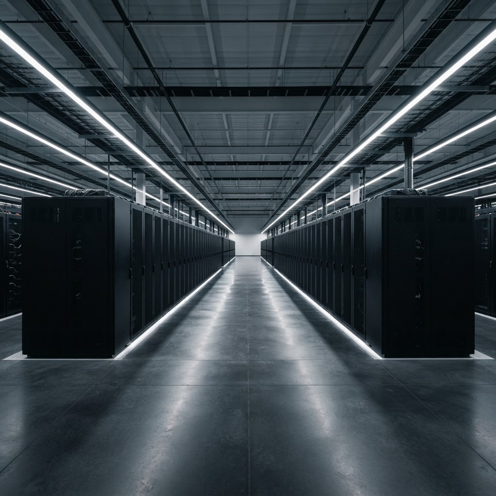 Wide view of a minimalist and organized server facility