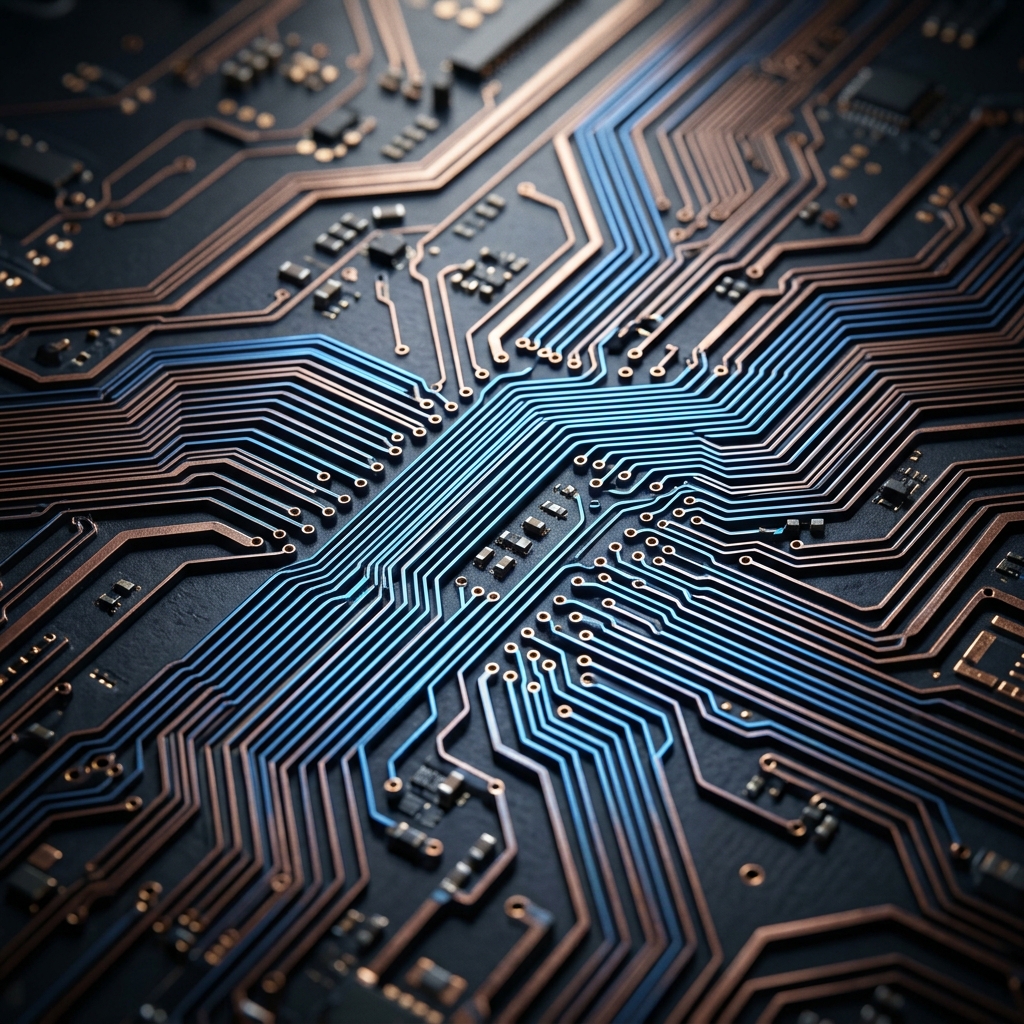 Layered circuit board traces with blue highlights