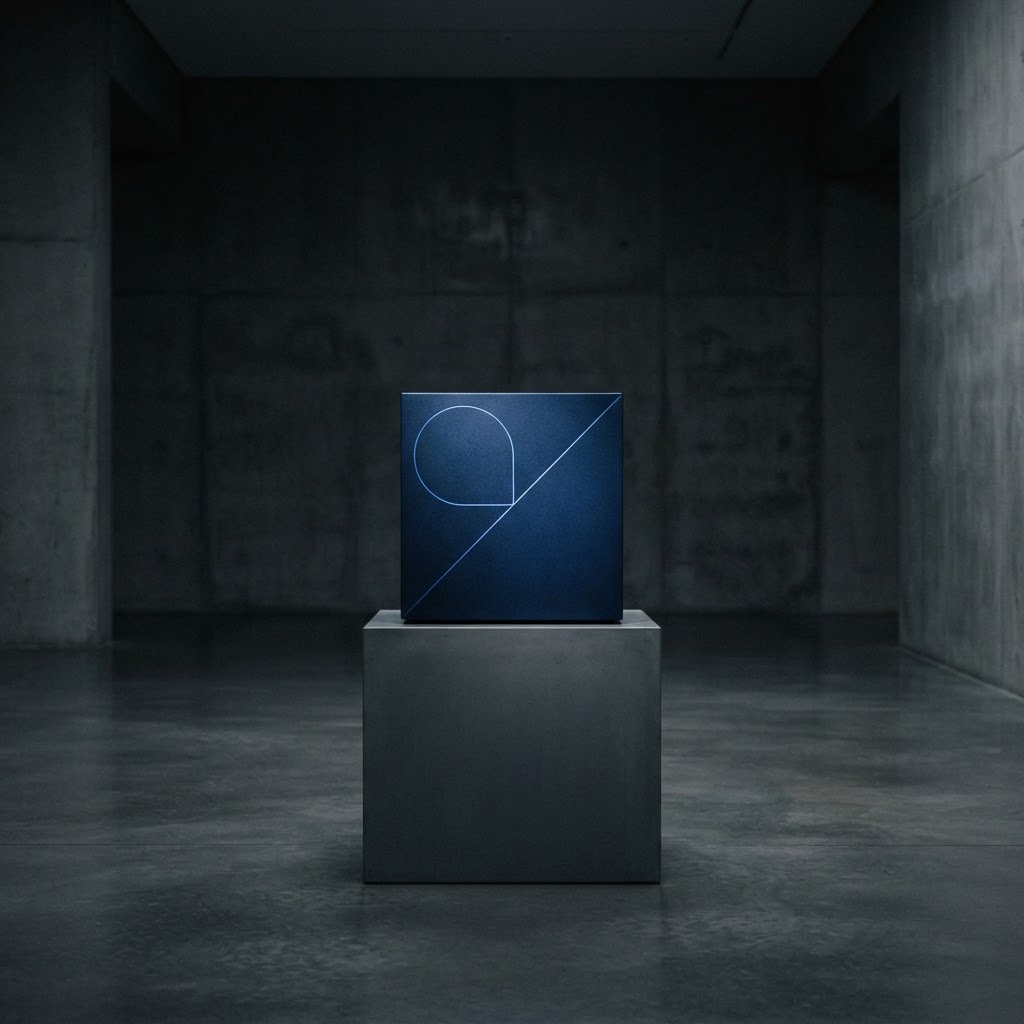 Minimalist navy steel cube with a glowing blue line