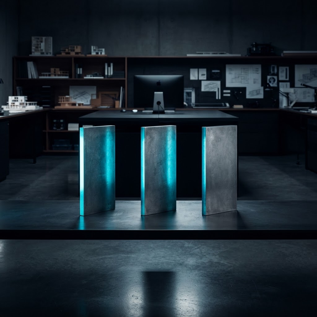 Three precise steel plates standing in a minimalist studio