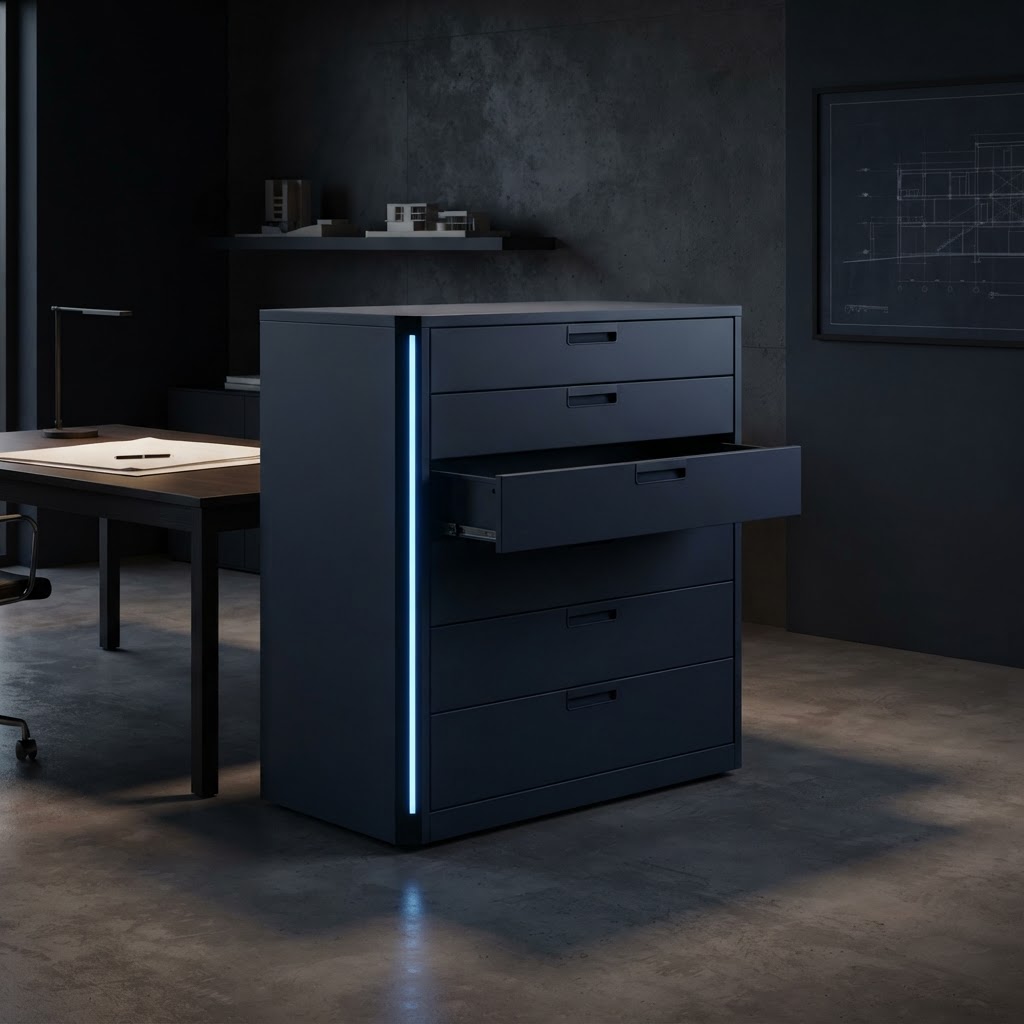 Minimalist navy storage cabinet in a dark workspace
