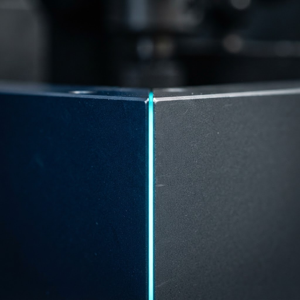 Macro view of a sharp metallic industrial corner with light accent