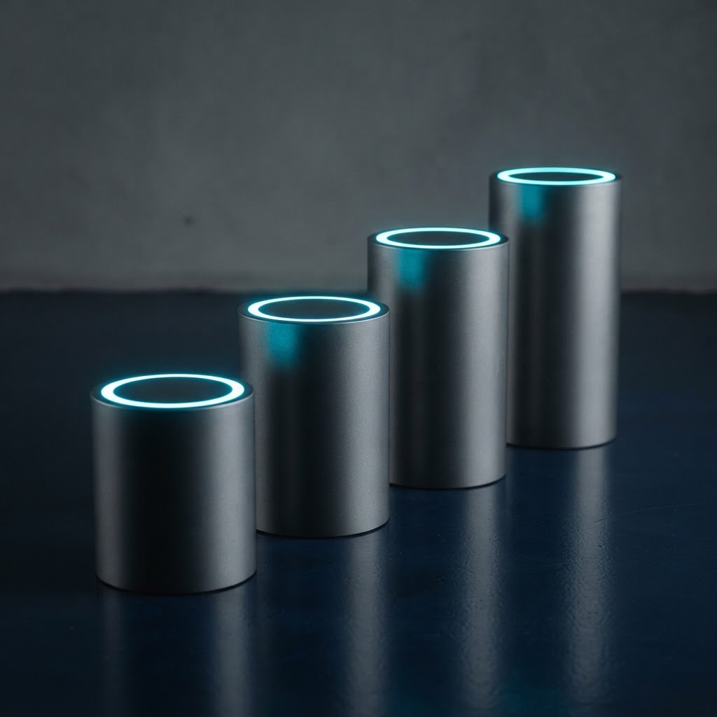 Row of steel cylinders with illuminated rims in studio