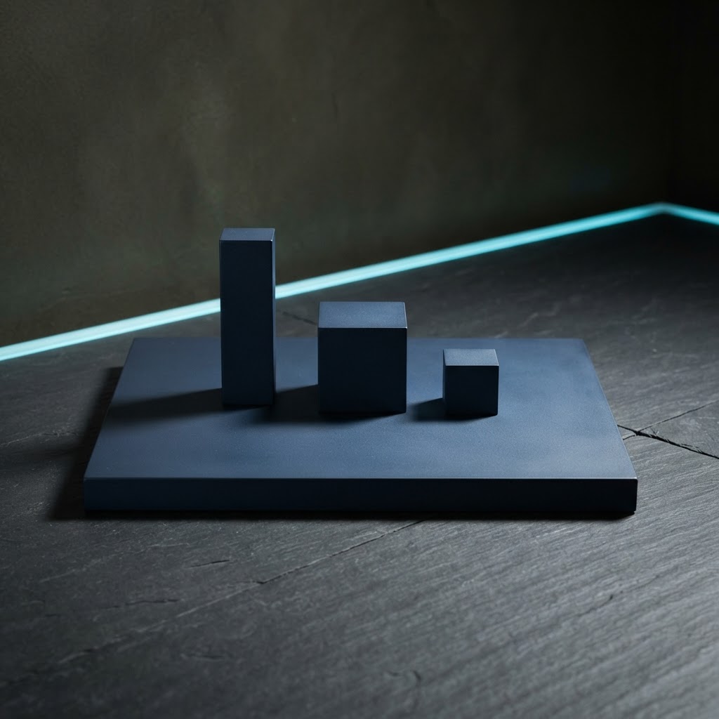 Geometric steel prisms arranged on a rectangular plate