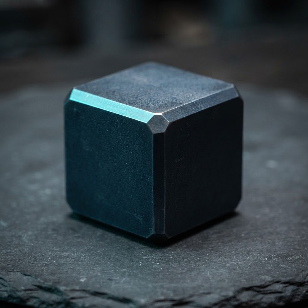 Macro view of a precision machined matte navy steel cube