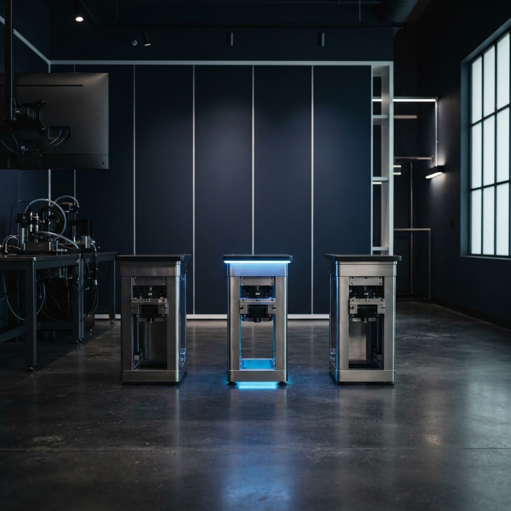 Three steel pedestals arranged in a clean workspace