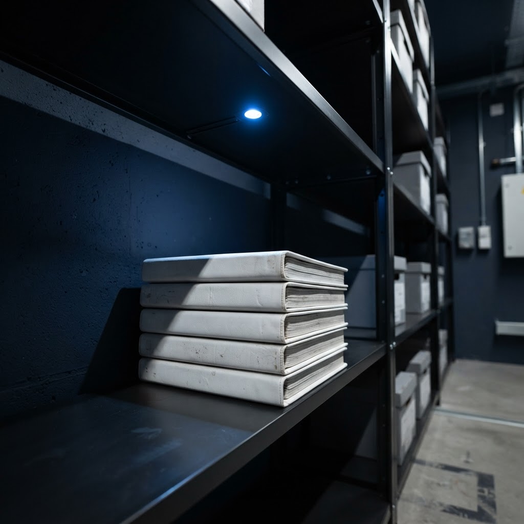 Stack of white dossiers on a dark shelf