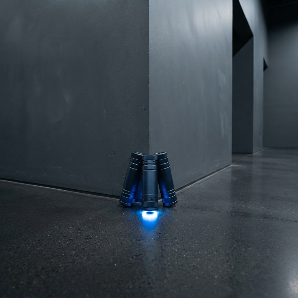Industrial architectural corner with metallic cylinders and blue accent light
