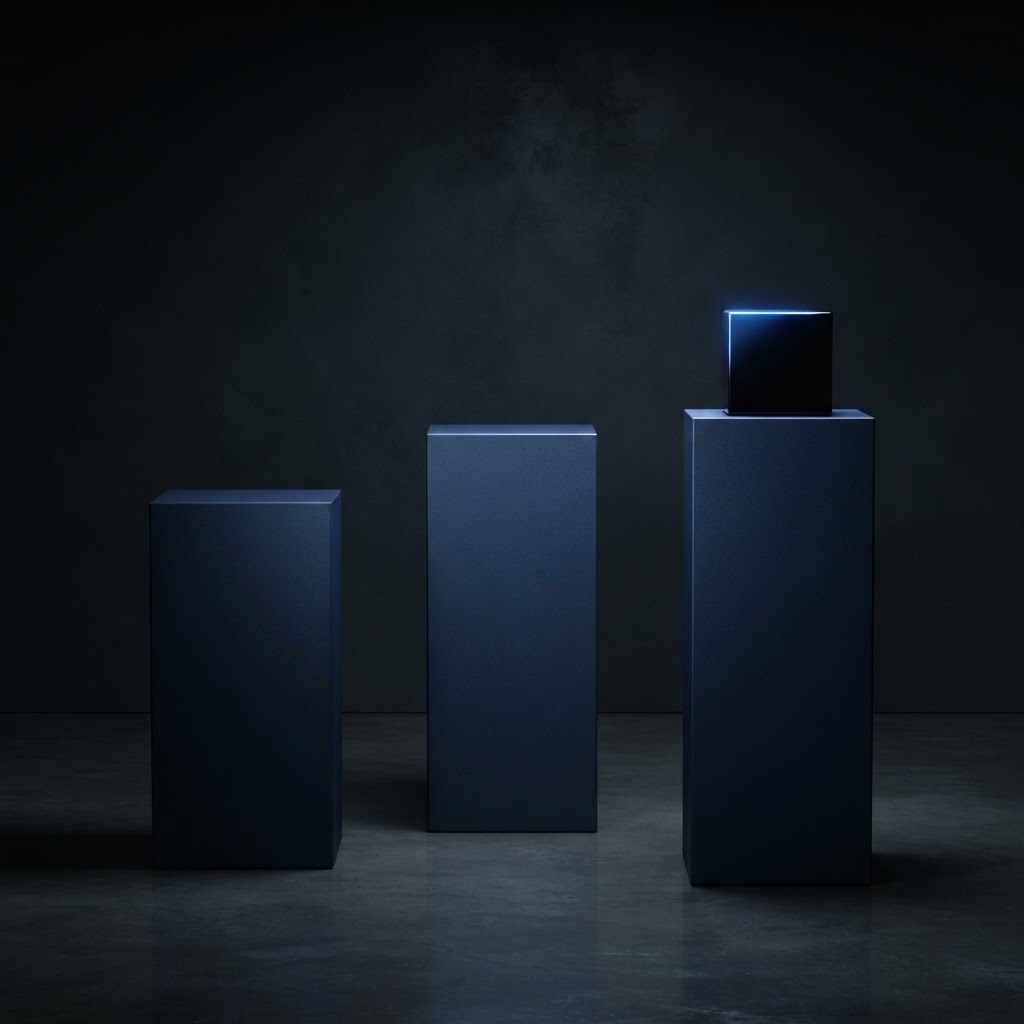 Minimalist steel pedestals with a polished obsidian cube and blue light