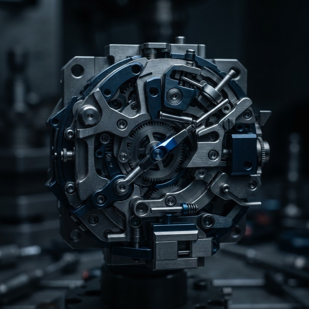 Macro view of detailed mechanical joints and metallic textures