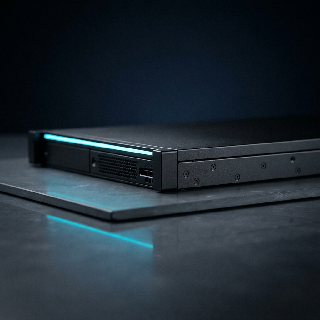 Minimalist server hardware component with sharp cyan accent light
