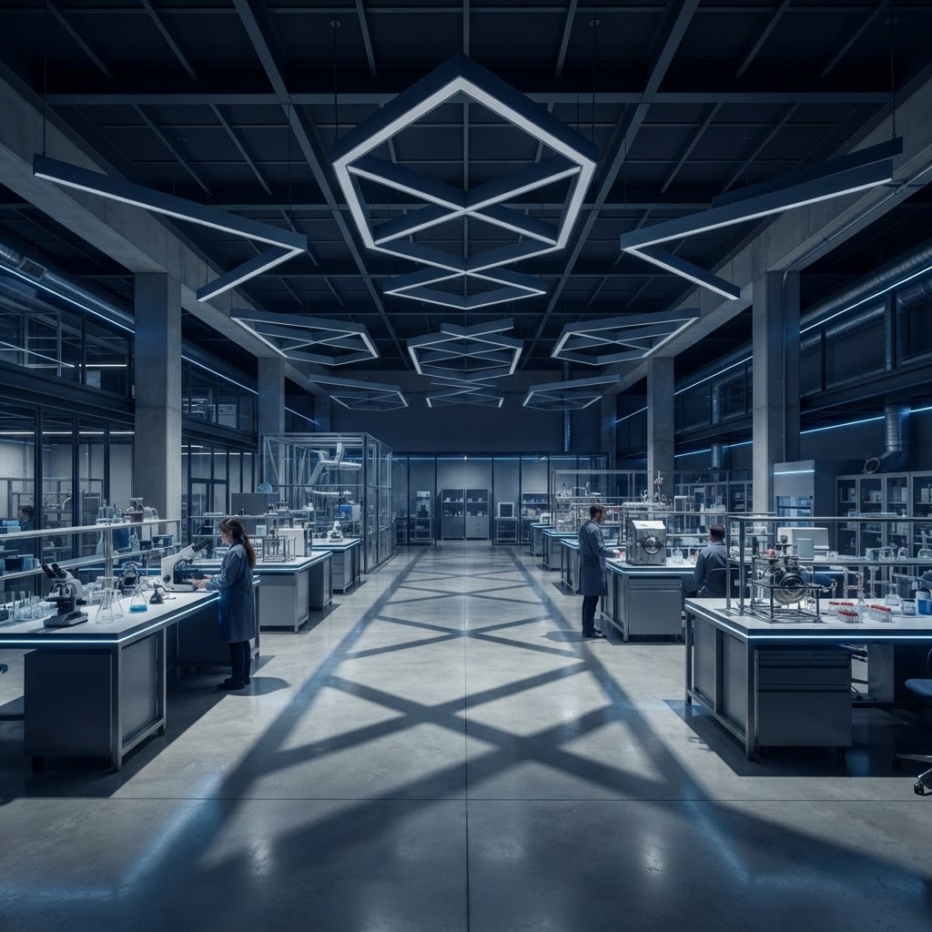 Modern professional laboratory with organized geometric lighting
