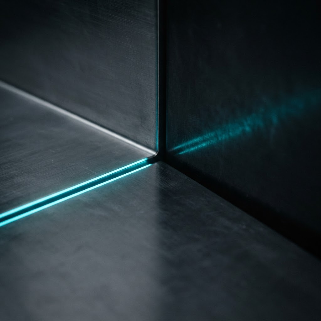 Macro view of metallic corner with cyan light