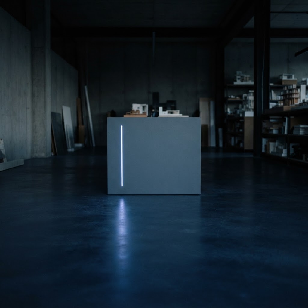 Minimalist architectural monolith in a dark studio