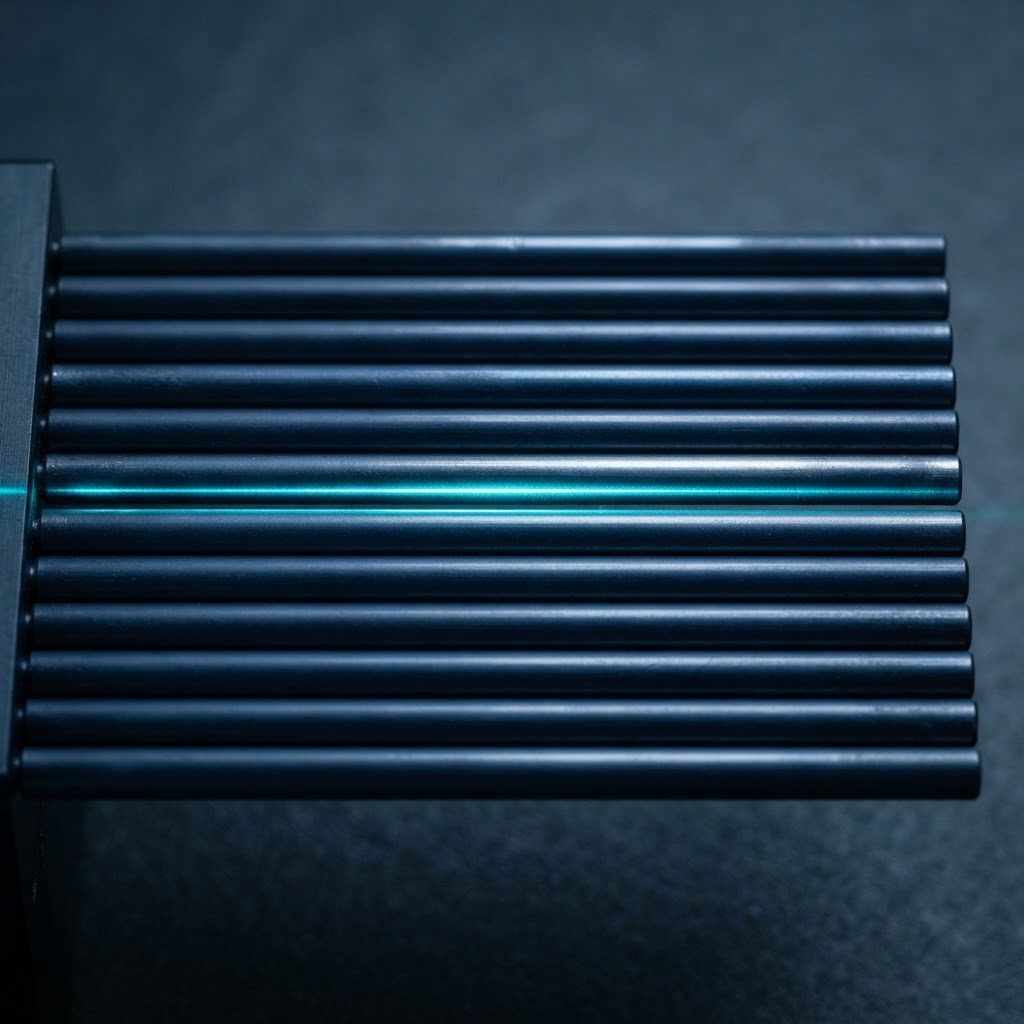 Parallel steel rods with a cyan light accent