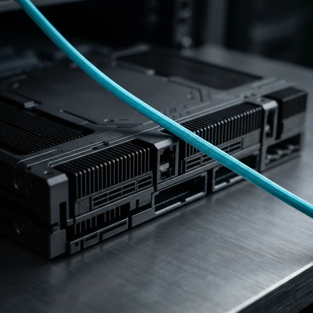 Macro view of matte-black compute hardware with a cyan accent cable