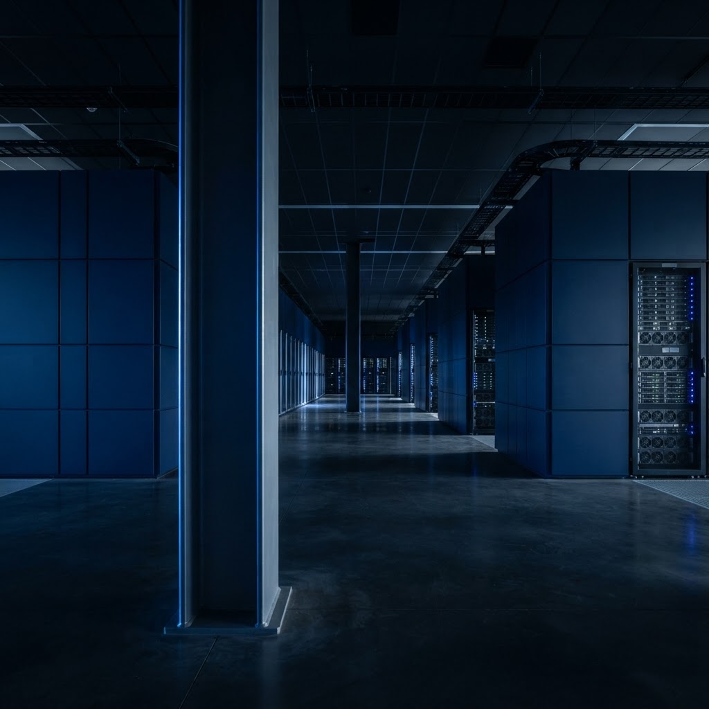Minimalist server room architecture with a single illuminated steel column