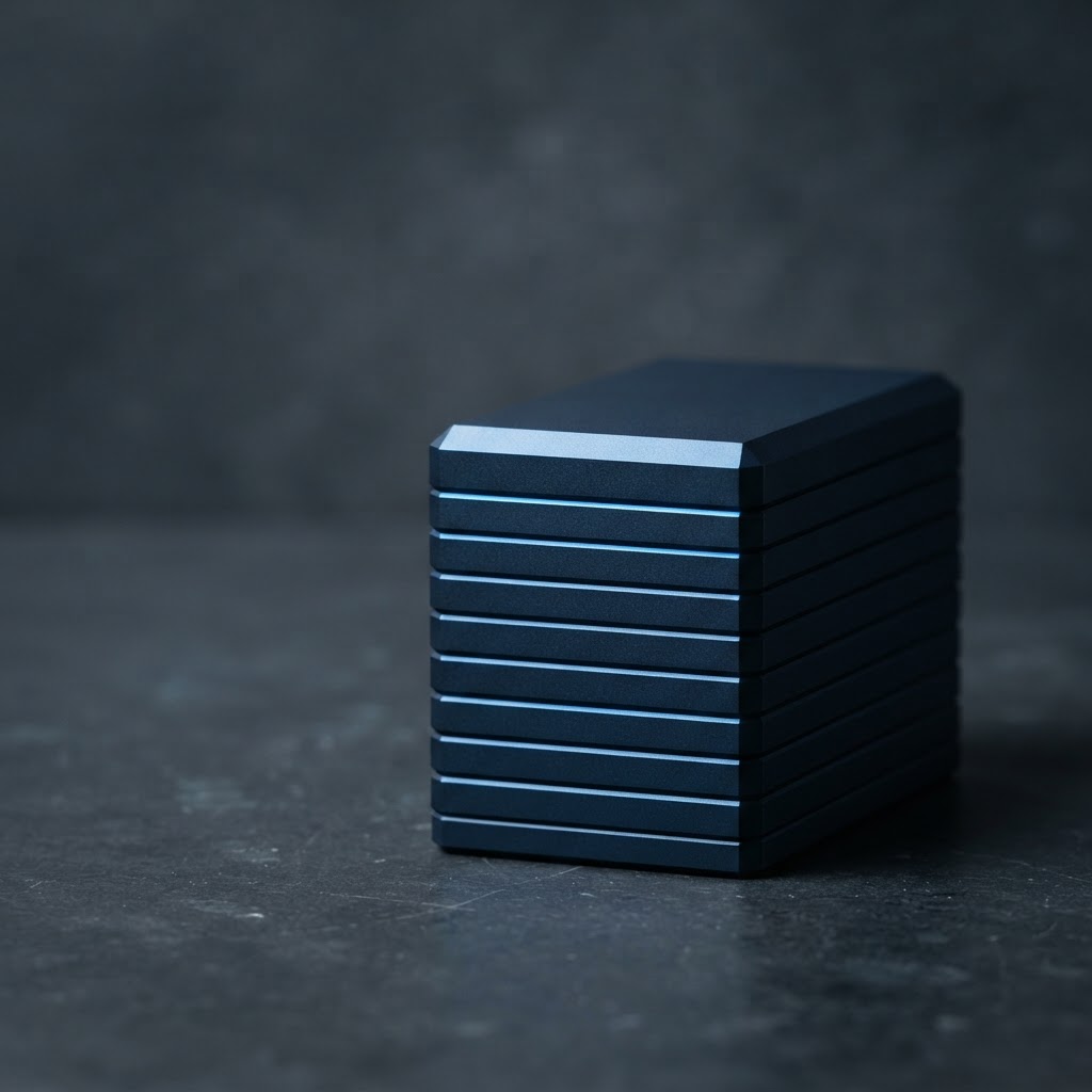 Precision-aligned matte metal plates with luminous blue edges
