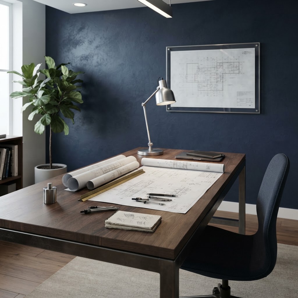 Clean minimalist engineering workspace for architectural planning