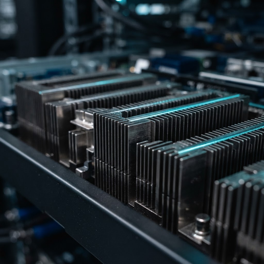Macro view of metallic server cooling hardware components