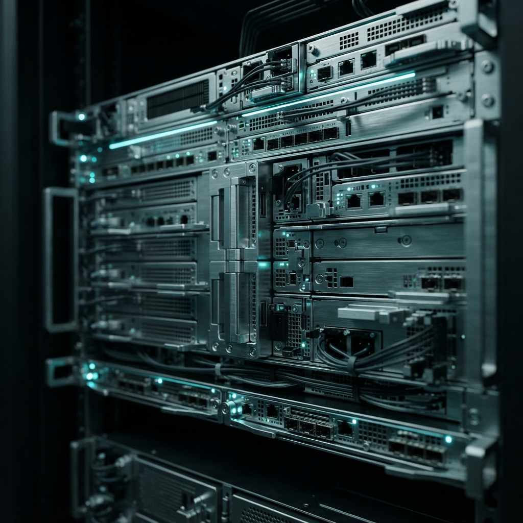 Interlocking modular server components in a dark studio setting