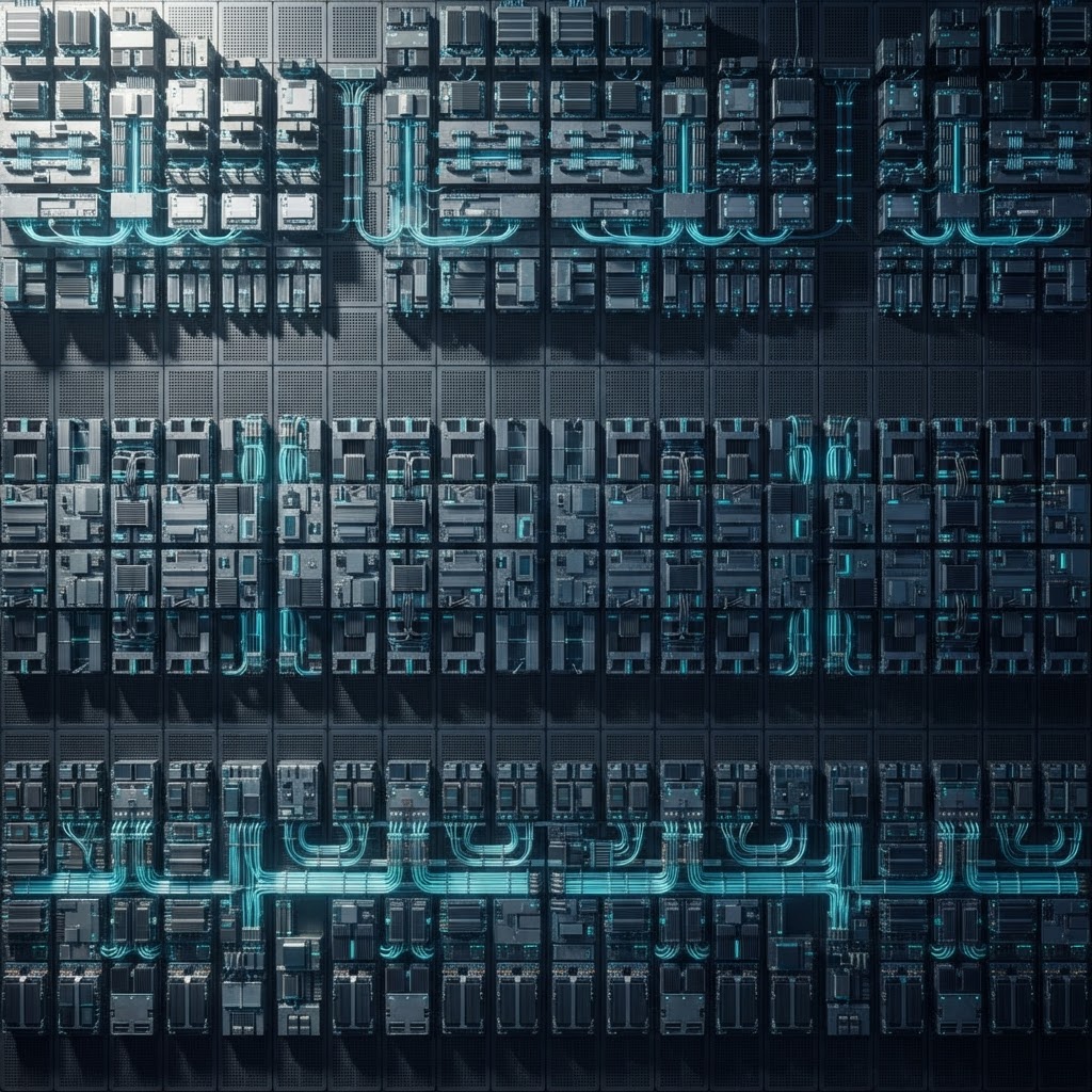 Structured metallic hardware array with cyan lighting highlights