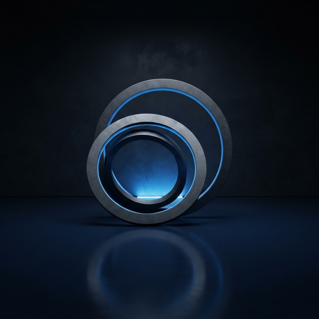 Interlocking circular steel rings in a dark studio setting