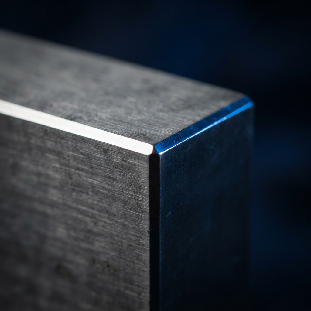 Macro view of brushed steel edge with electric blue accent