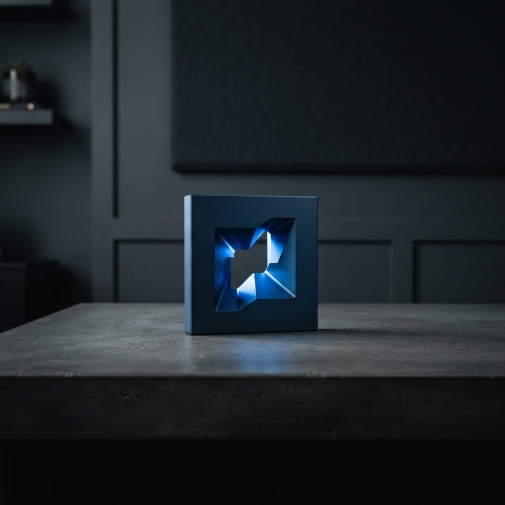 Matte navy steel block with geometric cut out