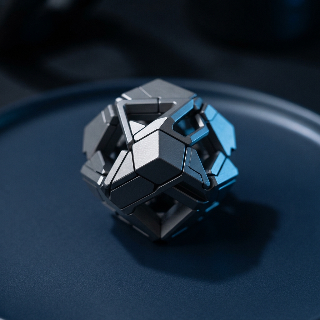 A precision engineered geometric sculpture on dark surface