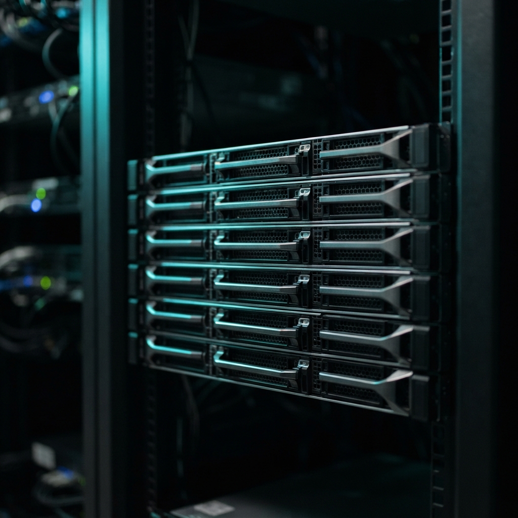 Rows of modular server hardware in dark professional environment
