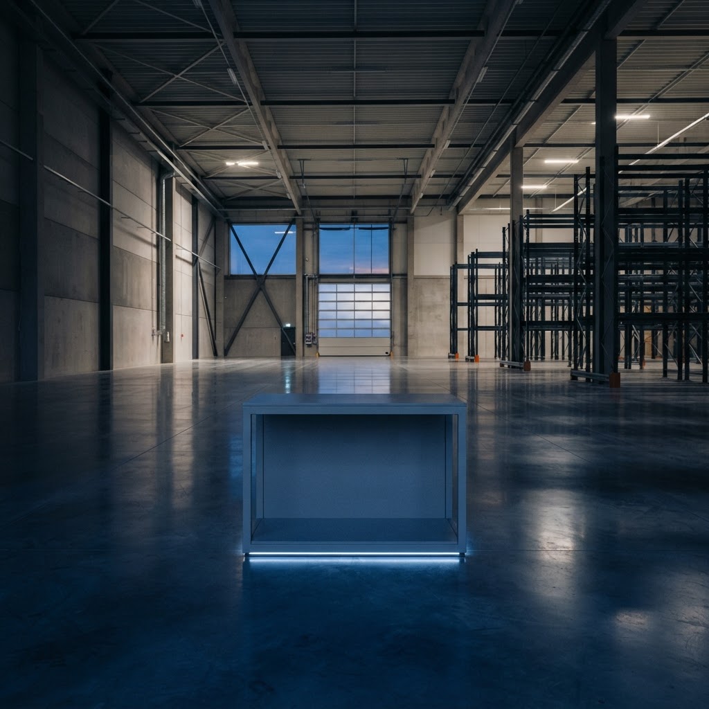 Minimalist warehouse interior with industrial plinth
