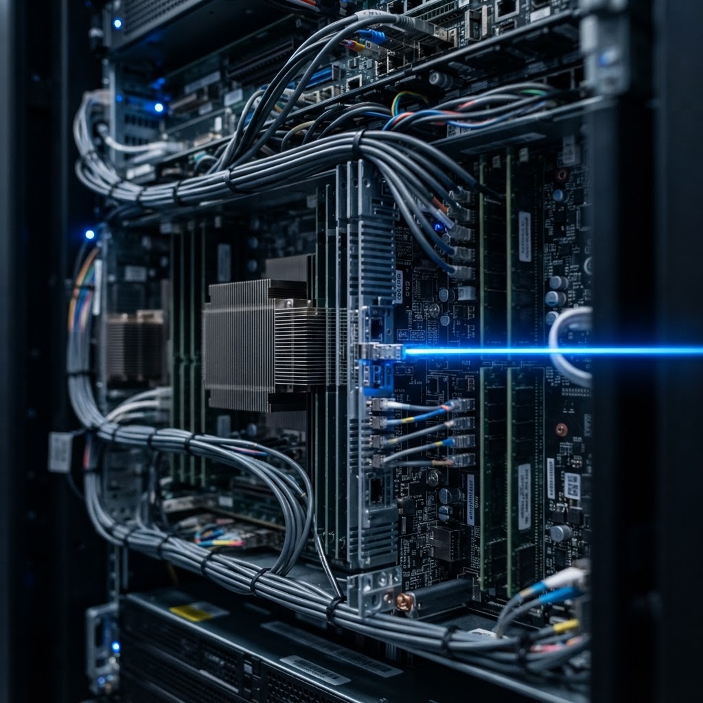 Internal server architecture with cyan light highlights