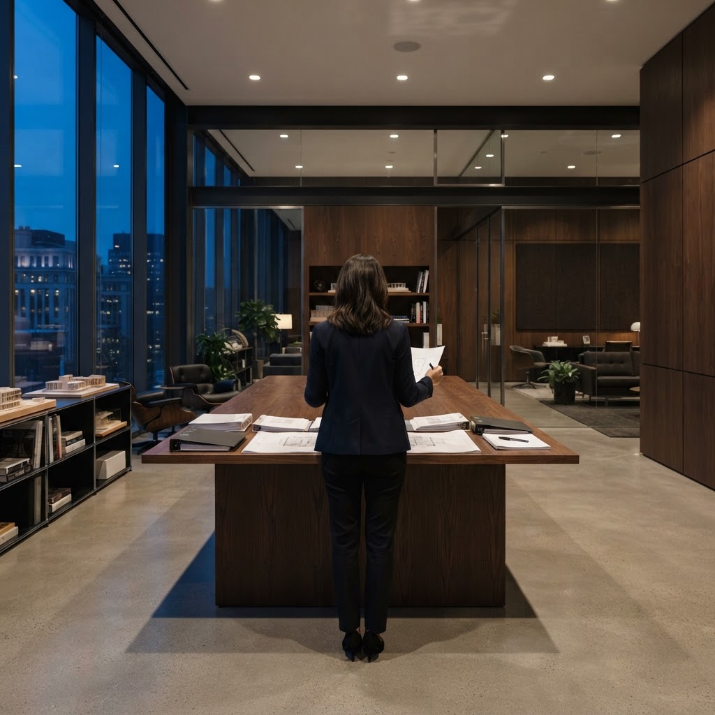 Professional human agent reviewing documents in a modern office
