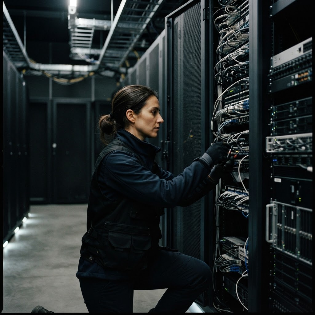 An engineer working on professional server hardware in a clean office