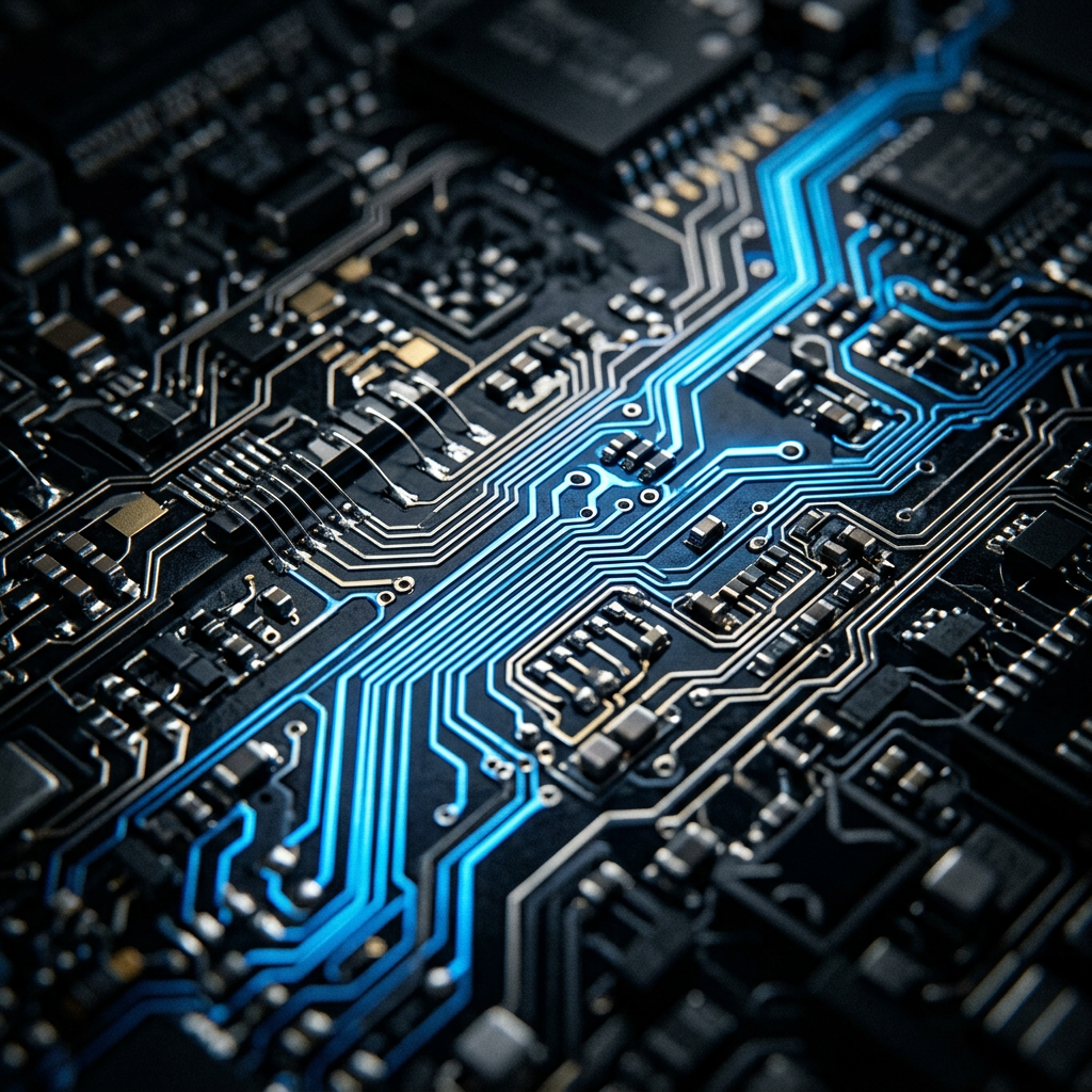 Macro circuit board detail with blue technical highlights