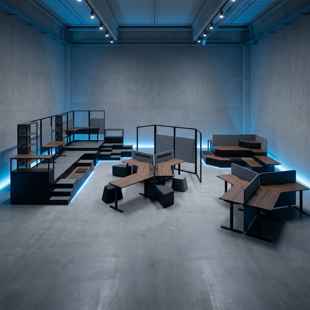 Modern modular workspace with varied architectural elements