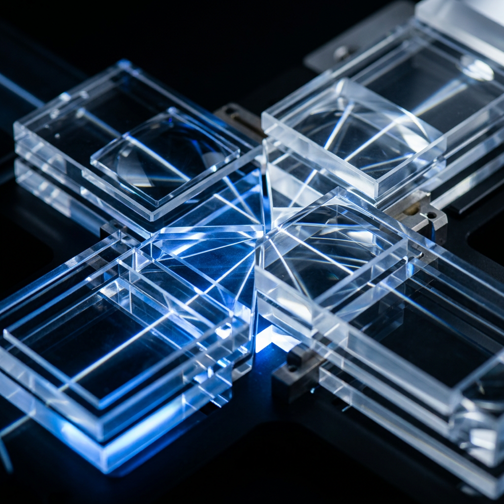 Layered optical components with converging blue light patterns