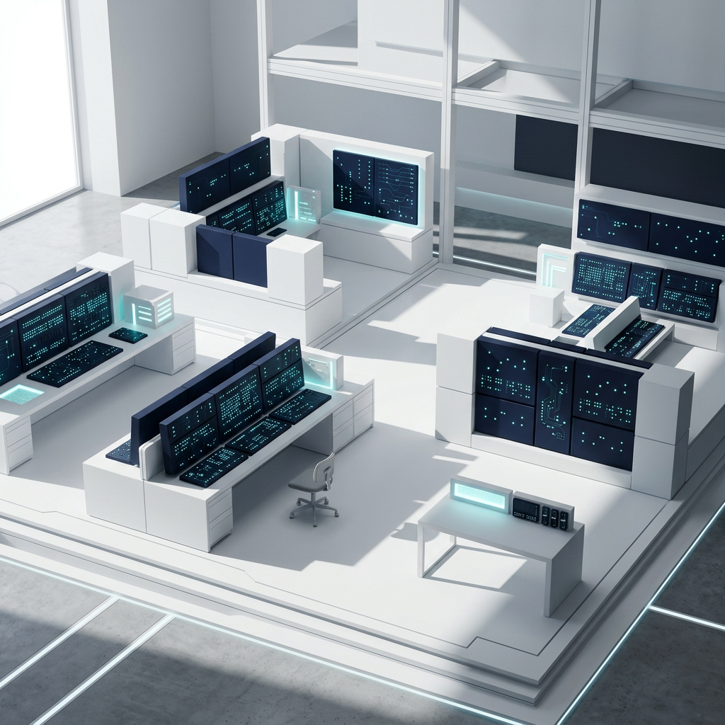 Modular data workspace with navy panels and cyan indicators