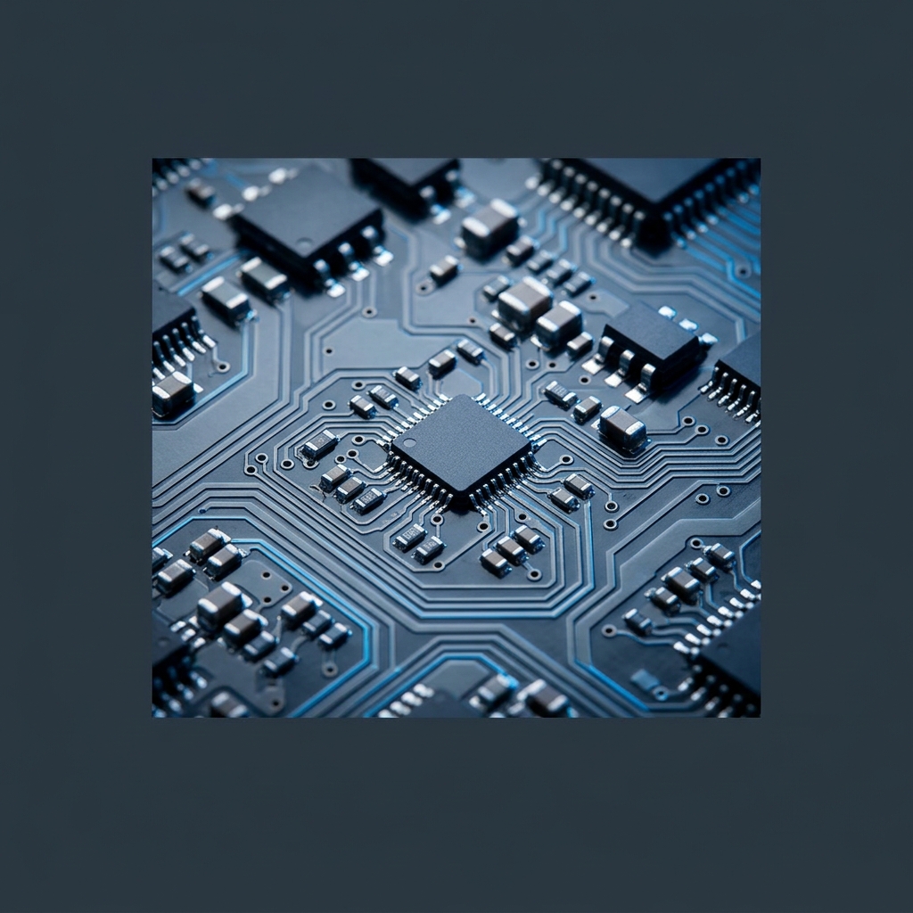 Precision circuit board with geometric pathways and blue accents