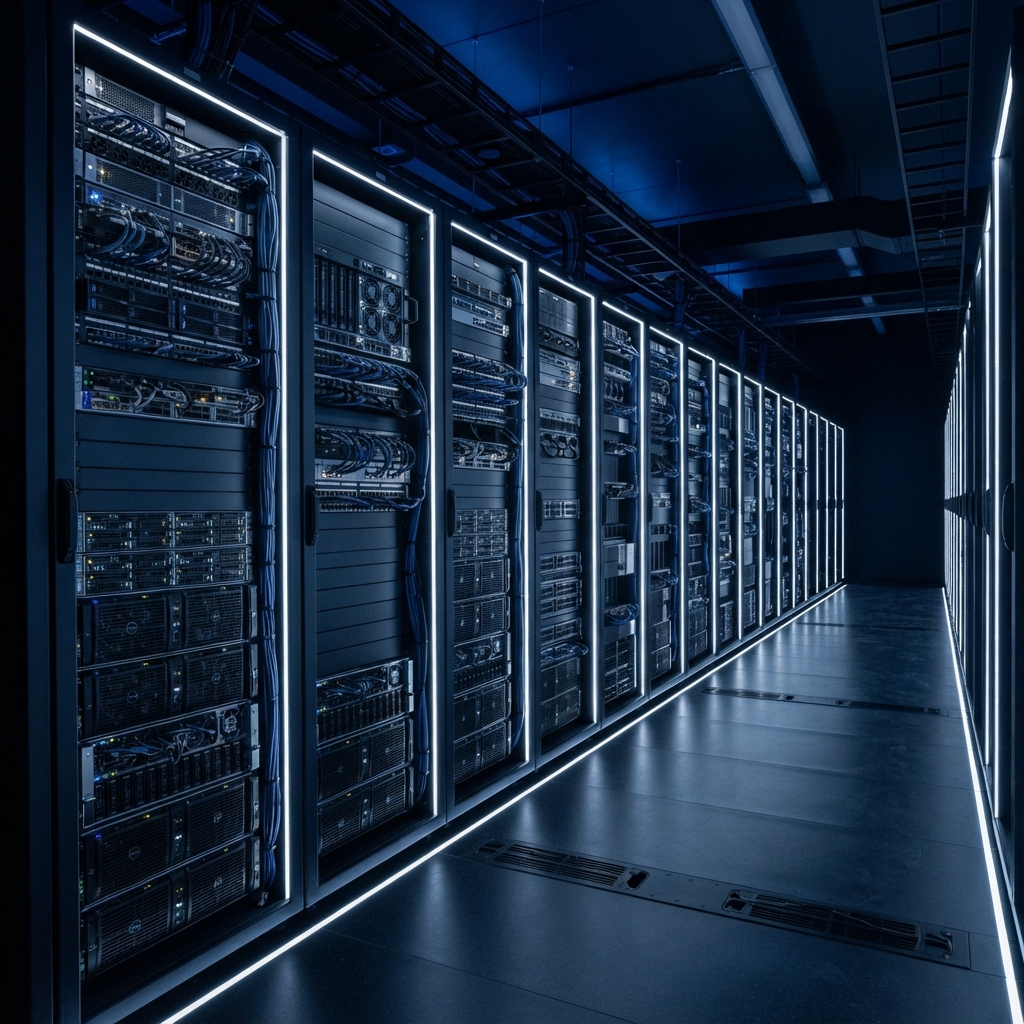 Modular server racks in a dark professional workspace