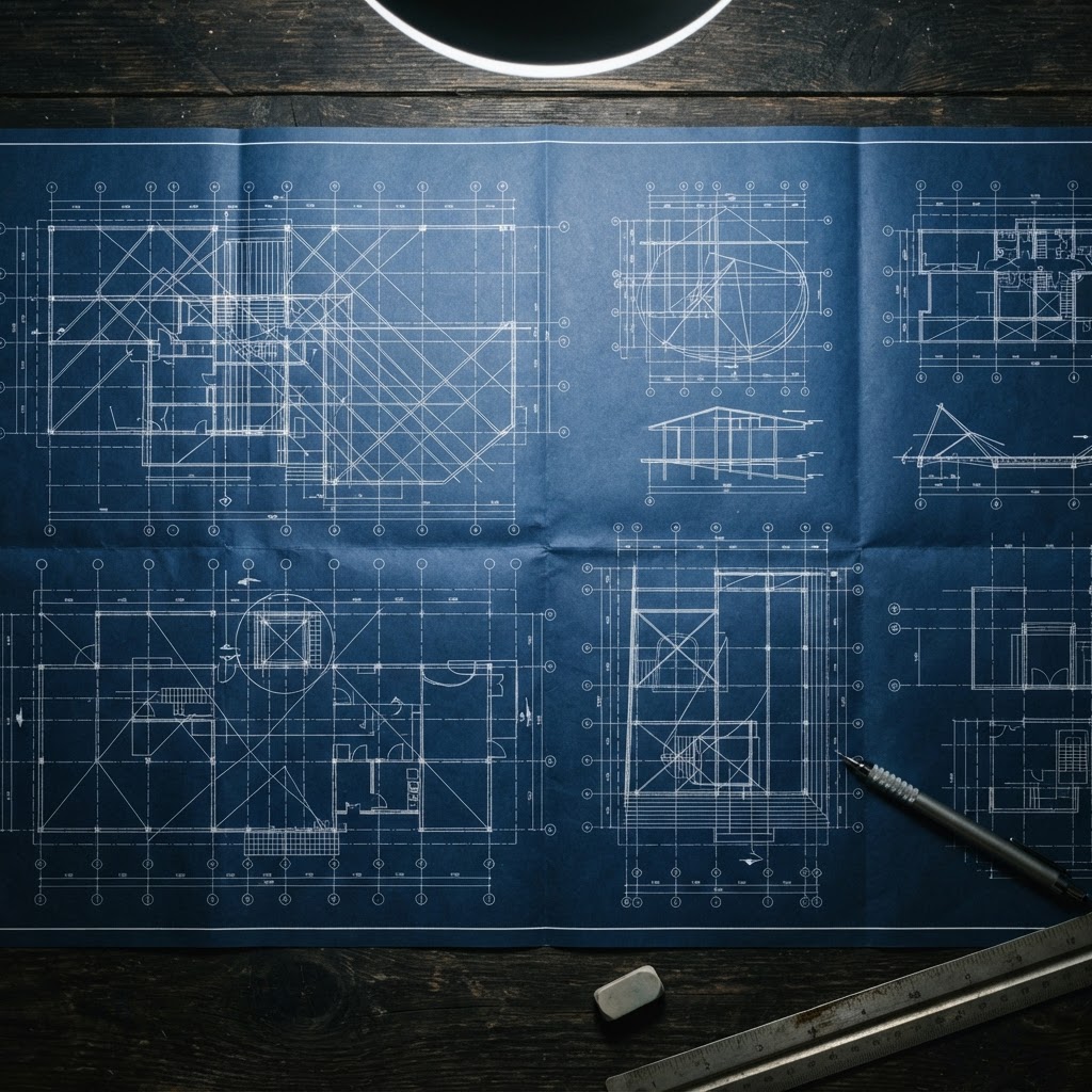 Sharp technical blueprint lines on a dark background