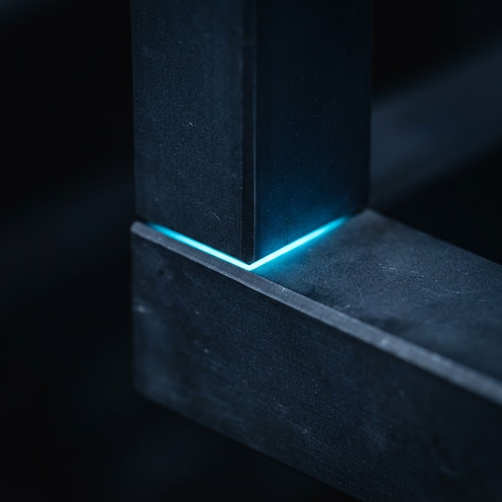 Macro view of navy steel surfaces meeting with a cyan light accent.