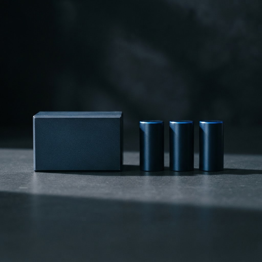 Navy steel prism and a row of aligned steel cylinders on a dark floor.