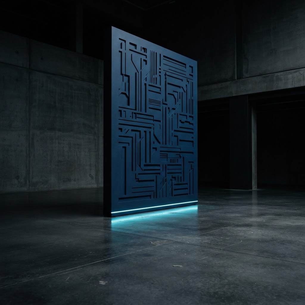 Vertical navy steel panel with precise indentations and a cyan light base.