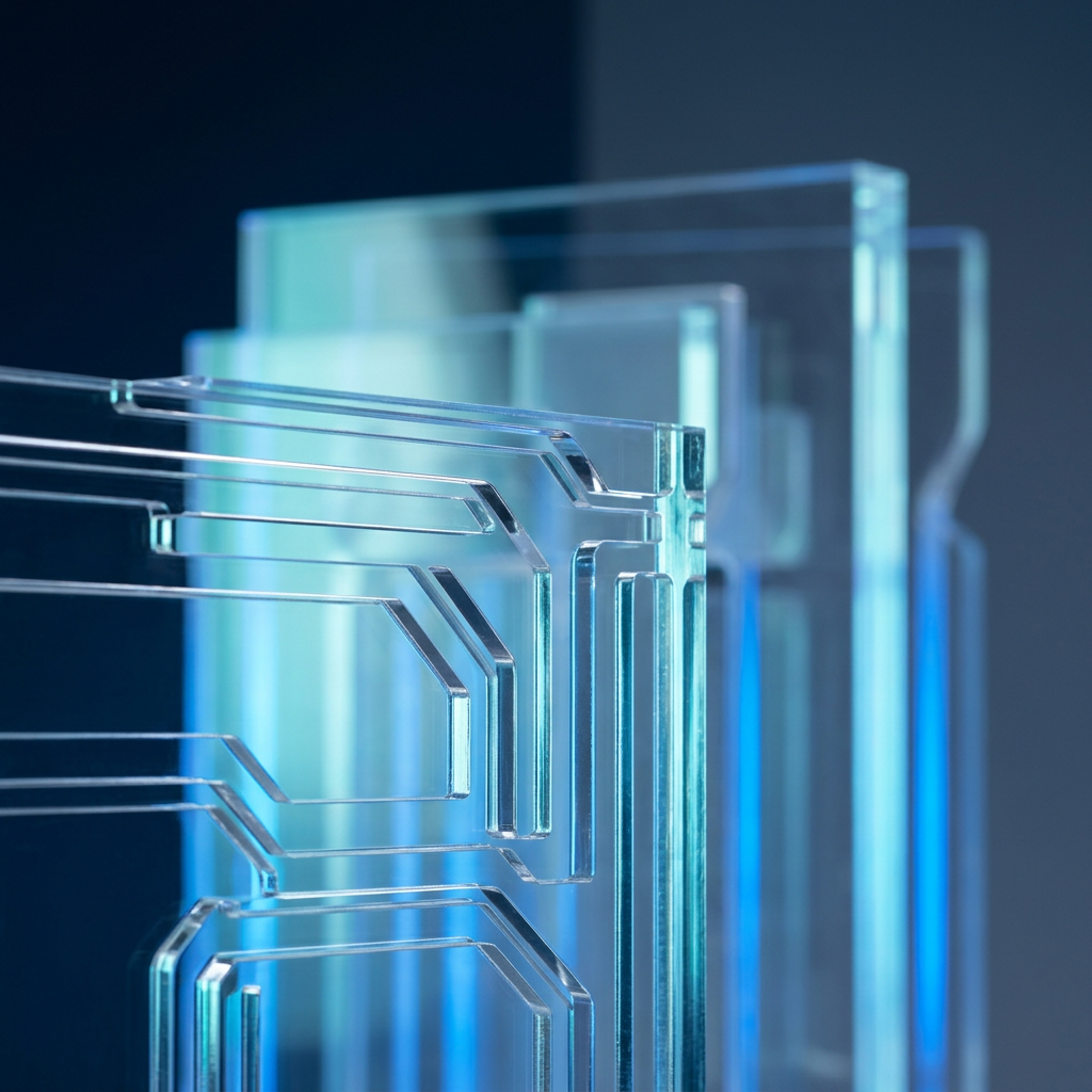 Layered geometric structure with blue backlighting