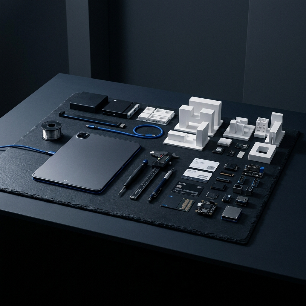 Minimalist technical workspace with modular elements